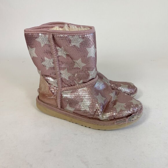 UGG Classic Short II Sequin Star Snow Boot Pink Size 4 Kids Wool Lined 1107988K - Picture 2 of 11